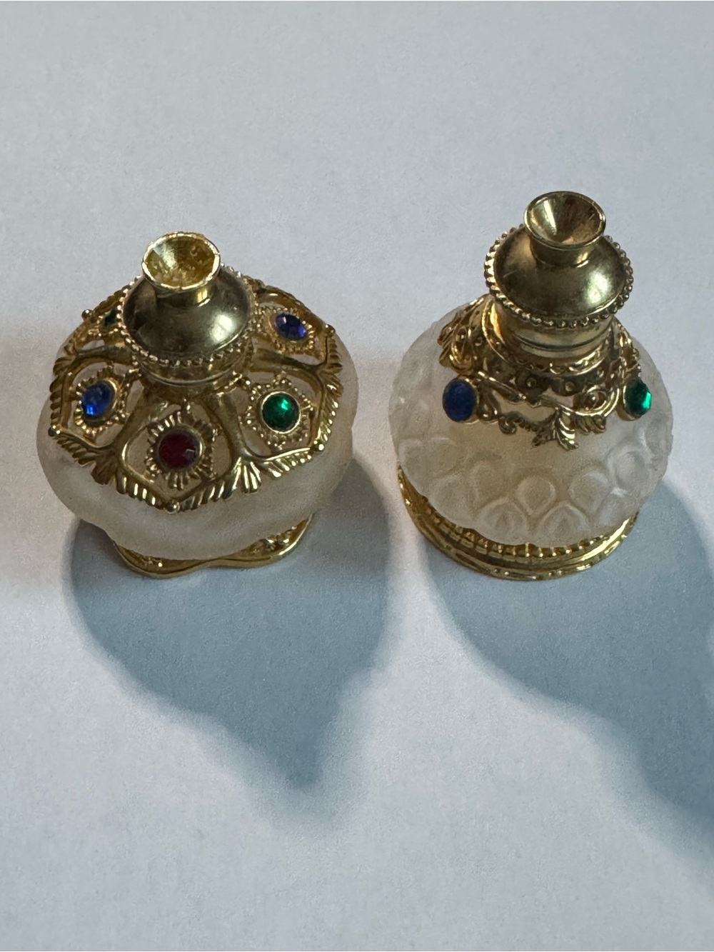 Two Mini Perfume Bottles with Colored Gem Accents Vintage inspired